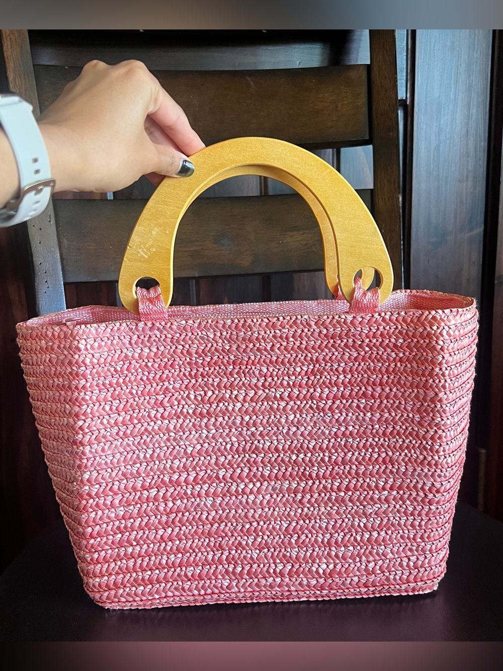 Pink Woven Tote Bag with Wooden Handles